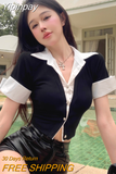 Yipinpay Two Piece Knitted Tops Slim Fit Blusas Femininas Crop Summer Blouse Women Lapel Casual Button Shirt Roupas Women Shirts