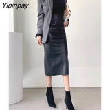 Yipinpay Autumn Winter Vintage Split Mid Length Skirt Women PU High Waist Hip Bag Fake Leather