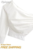Yipinpay TRAF Fashion 2023 Asymmetrical Women Blouses Summer One Shoulder Vintage Long Sleeve Shirt & Blouse Ladies Backless Top