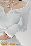 Yipinpay New Fold Halter T-shirt Women Vintage Slim Drawstring Off Shoulder Long Sleeve Crop Tops Streetwear Girls
