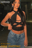 yipinpay Out Sleeveless Tank Top Women Camisoles Black Top Streetwear Outfits Solid Slim Cross Neck Crop Top Female Summer Clothes
