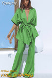 Yipinpay Green Vacation Trousers Suits Casual 2 Pieces Suits Half Sleeves Wrap Shirts And Wide Leg Pants Summer Outfits 2023