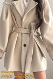 Yipinpay Women Solid Wool Blend Coat Slim Fit Belt Coats Female Warm Cotton Thick V-neck Office Lady Elegant Trendy Button Outwear Ins
