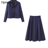 Yipinpay Fashion Women Blazer Skirts Sets 2023 Female Office Lady Elegant Single Breasted Jackets Mid-Calf A-Line Solid Skirts