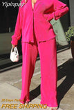 Yipinpay Women Street Pleated Tracksuit Two Piece Sets Solid Long Sleeve Blouse And Wide Leg Pants Sets 2023 Summer Casual Female Outfits