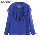 Yipinpay Women Fashion Thin Summer Solid Blouses Shirt 2023 Translucent Material Tops Vintage Single Breasted T-Shirts