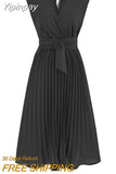 Yipinpay European and American Summer Sleeveless V-neck Lace-up Fashion Slim Temperament Pleated Dress