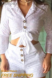 Yipinpay Women Broderie Lace Button-down Blouse & Shorts Sets Casual Women Sets 0406