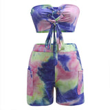 Yipinpay Women's Wear 2024 Summer Fashion Tie-Dye Printed Sexual Lace Shorts Suit