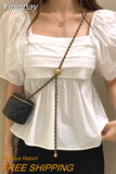 Yipinpay Blue Square Casual Loose Short Sleeve Shirts Pleated Blusa Feminina Puff White Doll T-shirts Y2k Shirts for Women New
