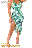 Yipinpay Tropical Leaves Flowers Print Halter Slit Dress Women Sexy Sleeveless Draped V-Neck Wrapped Sundress Party Vacation