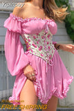 Yipinpay Vintage Off-Shoulder Long Sleeves A-Line Short Dress Women Fairy Elegant Square Neck Bandage Corset Mini Dress for Party