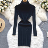 Yipinpay Full Sleeve Slim Knitted Pencil Dress Female Casual Pullover Turtleneck Sweater Bodycon Dress Ladies Autumn Winter