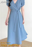 yipinpay Chic Elegant Dresses for Women Lace-up Korean Fashion V-neck High Waist Midi Dress Ladies Casual Short Sleeve Vestidos