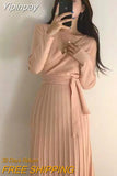 Yipinpay Piece V Neck Slim Bandage Waist High Black Pleated Dress Women Long Wild Sexy Knit Dress Casual Sweater Autumn Solid Retro