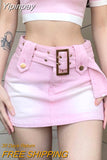Yipinpay Pink Sexy Girl Jean Skirt Women Summer Y2k Belt Cute Low Waist A-line Slim Denim Mini Skirt Korean Style Streetwear