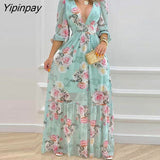 Yipinpay Women Elegant Deep V Neck Floral Print Ruffles Maxi A-Line Sexy Long Lantern Sleeves Dress