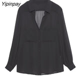 Yipinpay 2023 Thin Women Solid Blouses With Patch Pockets Spring Autumn Casual Long Sleeved Tops Summer Single Breasted T-Shirts