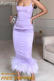 Yipinpay Purple Feathers Hem Satin Long Dress for Party Evening Women Elegant Spaghetti Straps Wrapped Dresses Gown Vestidos