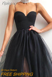 Yipinpay Women Summer Cocktail Dress Solid Color Spaghetti Strapless Tulle Tutu Dress Party Elegant Side Slit Braces Mesh A-Line Vestido
