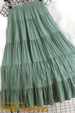 yipinpay 2023 Summer Long Skirt Women Simple Casual Lace Patchwork Pleated High Waist Midi Skirts A-line Swing Faldas Jupe Pink