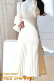 Yipinpay Fashion Midi Knitted Dress Women Elegant Chic Half High Collar Sweater Dress Autumn Warm Casual Slim Y2k Party Dress 2023
