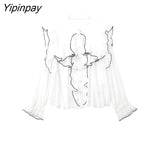 Yipinpay Summer Women Ruffles Blouses Shirt 2023 Thin Solid Single Breasted Office Lady Tops O-neck Flare Long Sleeve T-Shirts