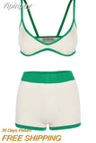 Yipinpay Women Knitted Bikini Shorts Set Contrast Color Bra Camisole with Elastic High Waist Shorts Summer Beachwear Outfit