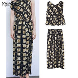 Yipinpay 2023 New Fashion Women Printed Skirts Sets Summer Casual Sleeveless Plaid Top Side Mid-Calf Skirts High Street Outwear