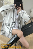 Yipinpay Temperament Loose V Neck Graffiti Cardigan Knitted Jacket Long Autumn Winter Knitted Sweaters Tops Fashion Casual Pull