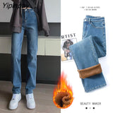 Yipinpay Stretch Straight Mom Jeans High Waist Denim Pants Ladies Casual Vintage Vaqueros Mujer Winter Thicken Velvet