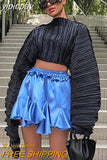 yipinpay Fashion Women Y2K Autumn Long Sleeve Pleated T Shirt Vintage 90s Casual Loose Aesthetic Crop Tops Female 2023 Party Club