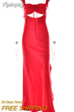 Yipinpay MO Satin Hollow Out Draw String Chest Wrapping Long Dress Women Sexy Slim Party Spaghetti Strap Backless Dress Vestidos
