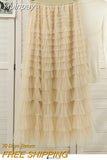 Yipinpay Style Knee Length Skirt For Women 2023 Y2k Elastic Band Fairy Long Skirts Female For Dinner Maxi Tulle Skirt Pink Coffee