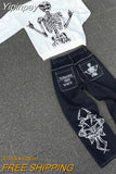 Yipinpay Jeans Women Hip Hop Retro Skull Embroidery Washed Baggy Jeans Harajuku New Straight Casual Loose Wide Leg Pants Streetwear