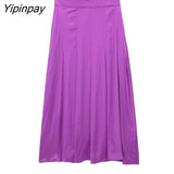 Yipinpay Vintage Womens Pleated Midi Skirt Female High Waist Chiffon Skirts Elegant Chic Solid Pleated Skirt Elastic Waist Skirt