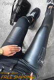 Yipinpay Women Casual High waist Zipper PU leather Patchwork  Pocket Skinny Pencil Pants