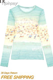 Yipinpay Fashion Print Mesh Women Top 2023 Summer Female O-Neck Long Sleeve Casual Skinny Tops Ladies Chic Elegant Slim Top