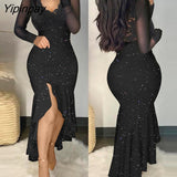 Yipinpay Women Glitter V Neck Lace Patch Asymmetrical Mermaid Bodycon Formal Party Sexy Midi Dress