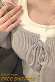 Yipinpay Color Fake Two Pullover Korean Style Y2k Crop Tops Woman Slim Causal Long Sleeve Knitted Sweater Clothing 2023 Spring Chic