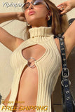 Yipinpay =Irregular Knitted Halter Vest Women Streetwear Sleeveless Backless High Neck Front Cutout Metal Ring Slit Hem Tanks