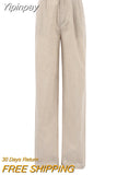Yipinpay Elegant Khaki High Waist Pants Pleated Cotton Linen Wide Legs Trousers Office Ladies Summer 2023 Floor-Length Pants