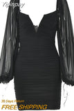 Yipinpay V-Neck Puff Sleeve Ruched Dress Women Party Double Layer Long Sleeve Sexy Mini Dresses Elegant Femme Clubwear Clothing