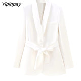 Yipinpay Women 2023 Elegant Blazer Suits Sets Fashion Long Sleeve Jacket With Belt Solid High Waisted Baggy Wide Leg Pants