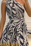 Yipinpay Women Zebra Stripe Print Dress Chic One-Shoulder Diagonal Collar Maxi Frock Lady Chic Sleeveless Slit A-Line Vestido