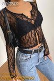 Yipinpay New Women Sexy Lace Tops Adults See-Through Long Sleeve Round Neck Button Down Cardigan Black White Hot Sale S-XL