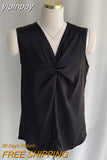 yipinpay Women Vest Blouses Cross V-neck Sleeveless Sexy Office Ladies OL Blusas White Casual Korean Elegant Tops Black Pink