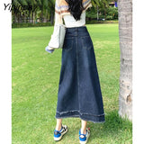 Yipinpay A Line Vintage Jean Skirts For Ladies High Waist Casual Summer Long Skirt Woman