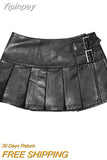 Yipinpay Women's Leather Skirt Fashion 2024 New Y2k Korean Low Rise Mini Skirt Knee Length Female Sexy Pleated Skirts Dark Brown Black