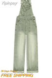 Yipinpay Green Denim Overalls Pant for Women Y2k Streetwear Baggy Pocket Jeans Straight Bib Denim Rompers Trousers Korean Ladies